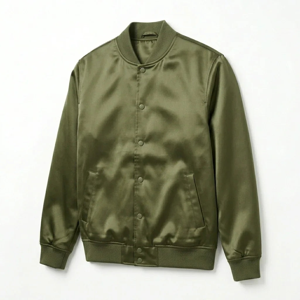 Olive Green Satin Varsity Jacket – Custom Letterman Jacket Streetwear for Men & Women by DesignMyVarsity