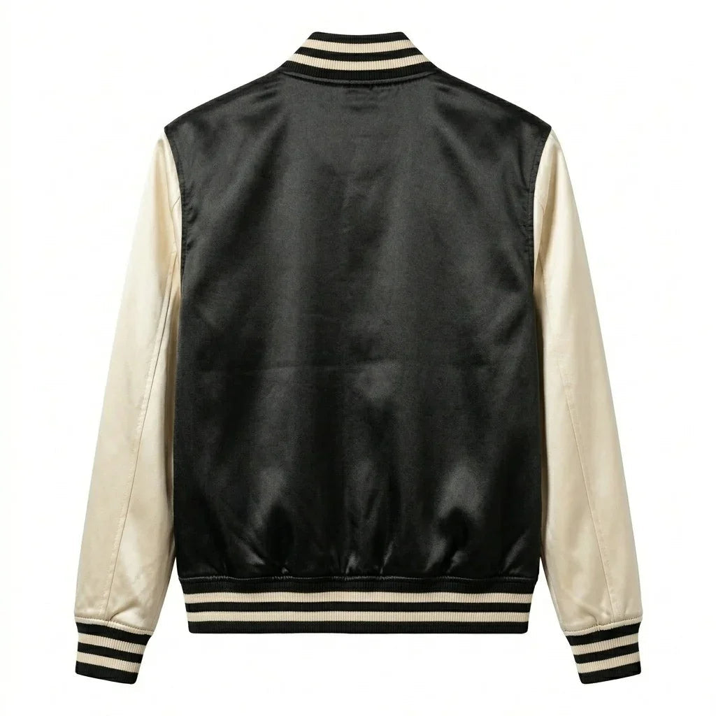 Black Body Cream Sleeve Satin Varsity Jacket – Luxury Custom Letterman Jacket for Men & Women by DesignMyVarsity