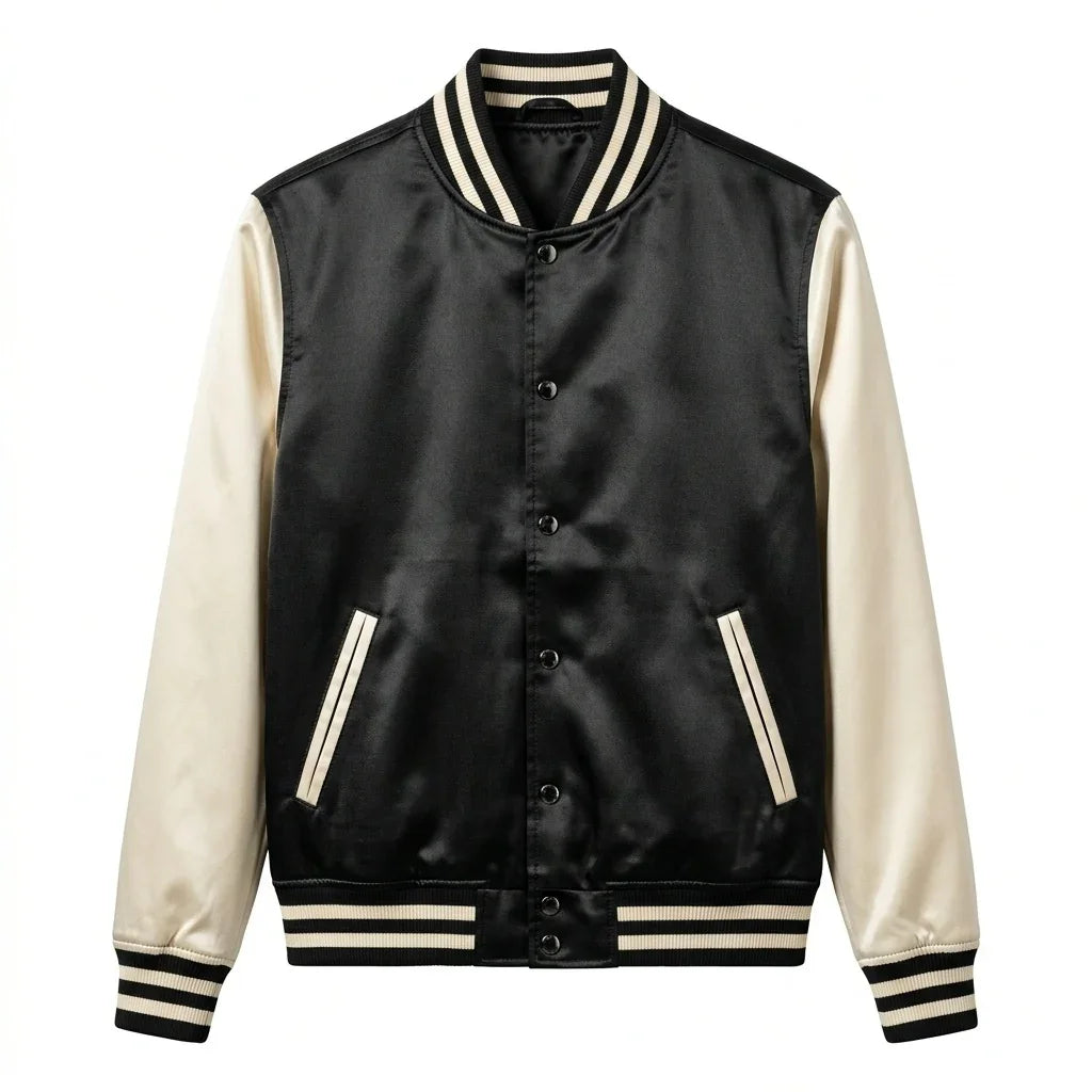 Black Body Cream Sleeve Satin Varsity Jacket – Luxury Custom Letterman Jacket for Men & Women by DesignMyVarsity