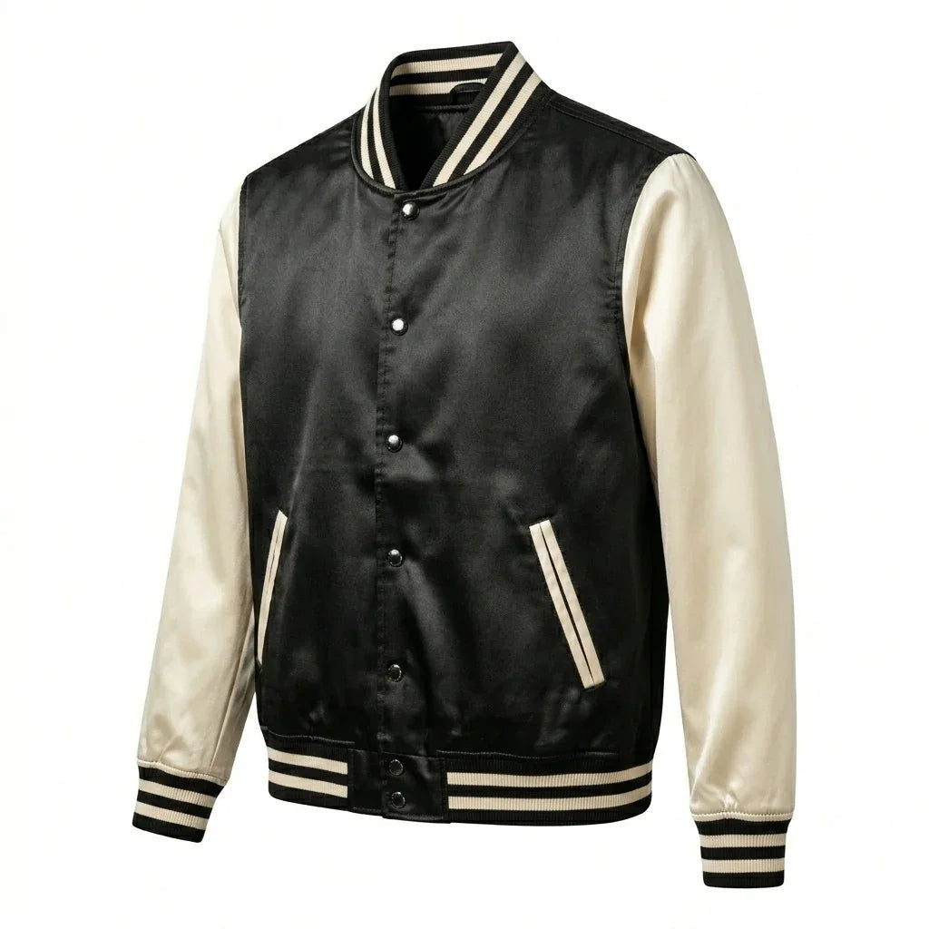 Black Body Cream Sleeve Satin Varsity Jacket – Luxury Custom Letterman Jacket for Men & Women by DesignMyVarsity