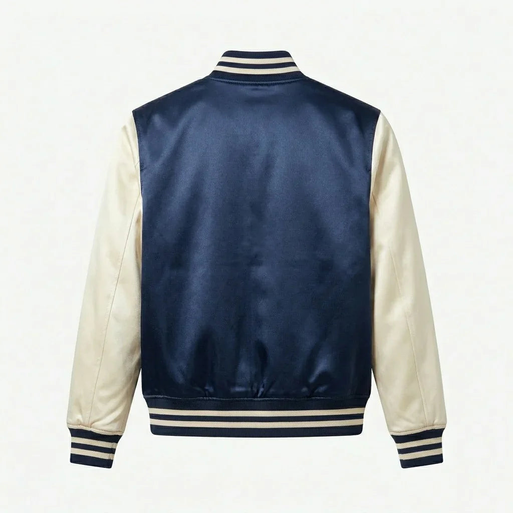 Navy Body Cream Sleeve Satin Varsity Jacket – Luxury Custom Letterman Jacket for Men & Women by DesignMyVarsity