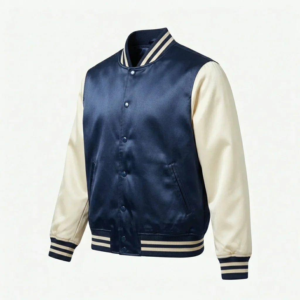 Navy Body Cream Sleeve Satin Varsity Jacket – Luxury Custom Letterman Jacket for Men & Women by DesignMyVarsity