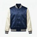 Navy Body Cream Sleeve Satin Varsity Jacket – Luxury Custom Letterman Jacket for Men & Women by DesignMyVarsity