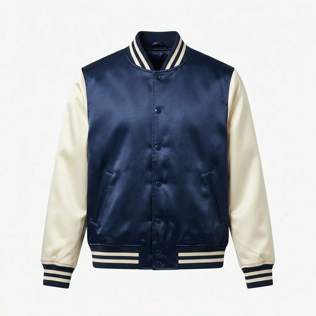 Navy Body Cream Sleeve Satin Varsity Jacket – Luxury Custom Letterman Jacket for Men & Women by DesignMyVarsity