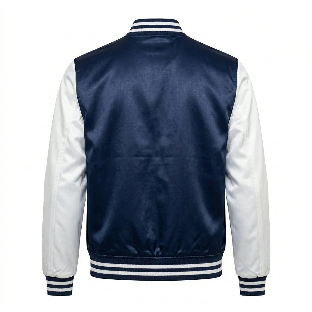 Navy Body White Sleeve Satin Varsity Jacket – Luxury Custom Letterman Jacket for Men & Women by DesignMyVarsity
