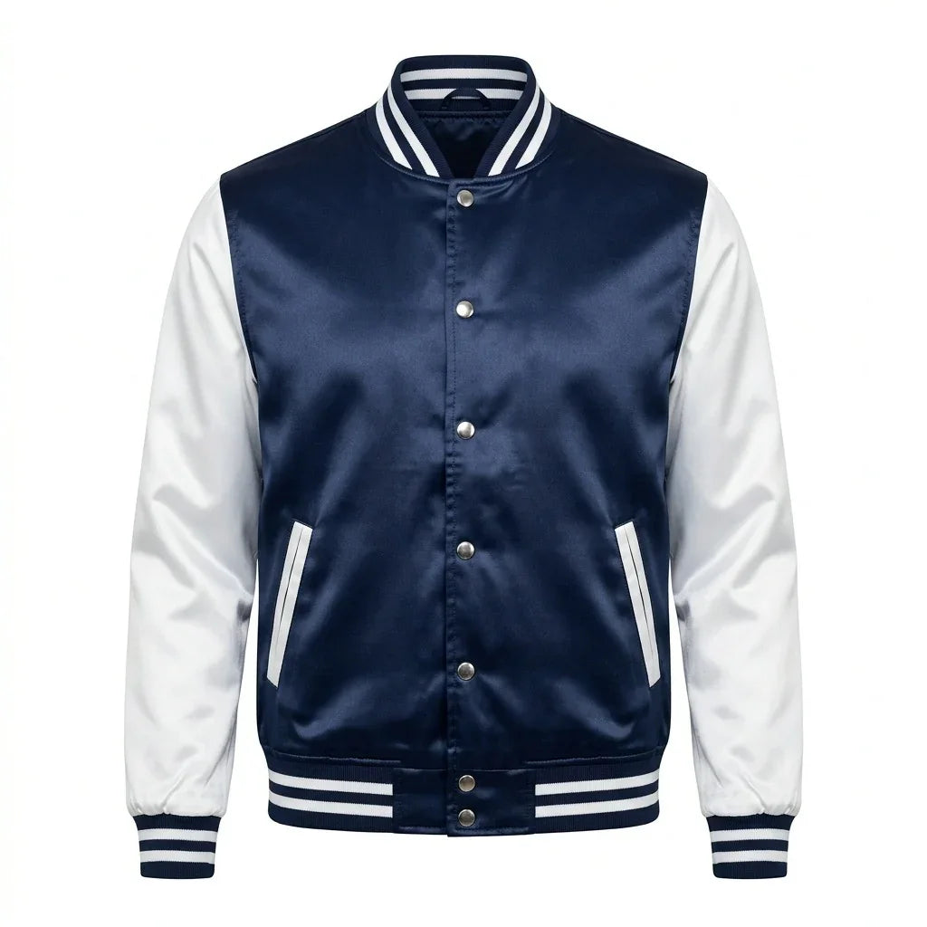 Navy Body White Sleeve Satin Varsity Jacket – Luxury Custom Letterman Jacket for Men & Women by DesignMyVarsity