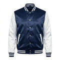 Navy Body White Sleeve Satin Varsity Jacket – Luxury Custom Letterman Jacket for Men & Women by DesignMyVarsity