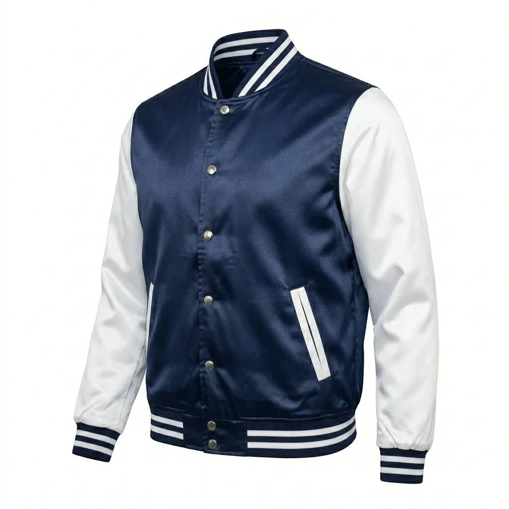 Navy Body White Sleeve Satin Varsity Jacket – Luxury Custom Letterman Jacket for Men & Women by DesignMyVarsity