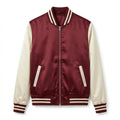 Maroon Body Cream Sleeve Zipper Satin Varsity Jacket – Luxury Custom Letterman Jacket for Men & Women by DesignMyVarsity