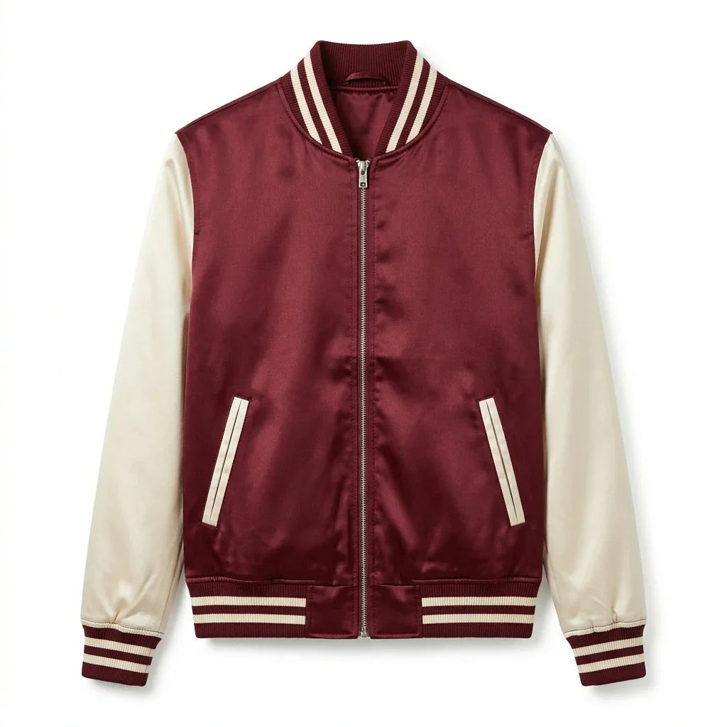 Maroon Body Cream Sleeve Zipper Satin Varsity Jacket – Luxury Custom Letterman Jacket for Men & Women by DesignMyVarsity