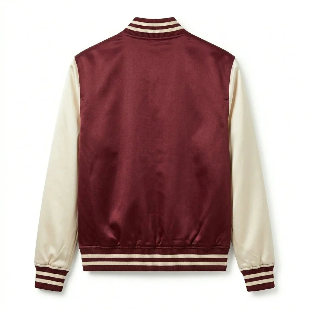 Maroon Body Cream Sleeve Zipper Satin Varsity Jacket – Luxury Custom Letterman Jacket for Men & Women by DesignMyVarsity