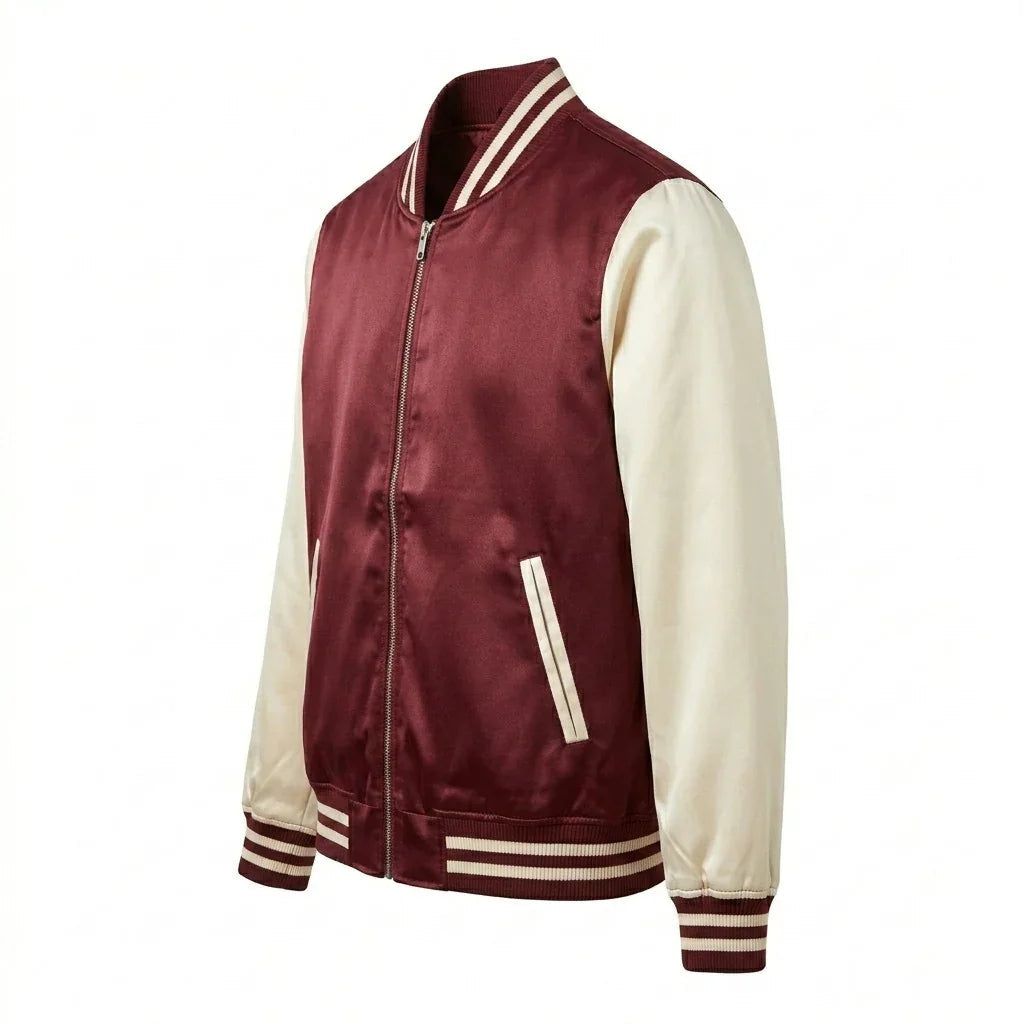 Maroon Body Cream Sleeve Zipper Satin Varsity Jacket – Luxury Custom Letterman Jacket for Men & Women by DesignMyVarsity
