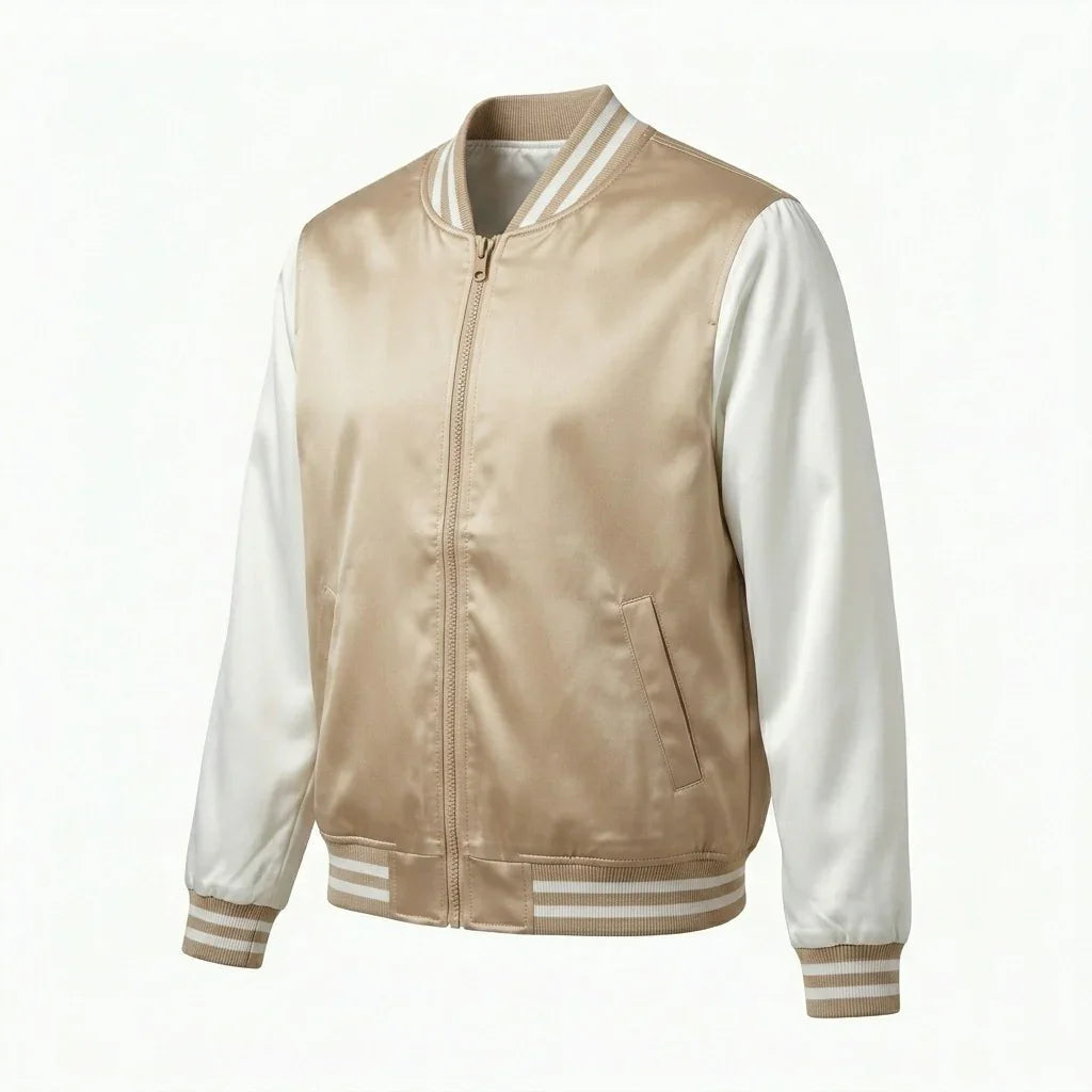 Skin Tone Body White Sleeve Satin Varsity Jacket by DesignMyVarsity