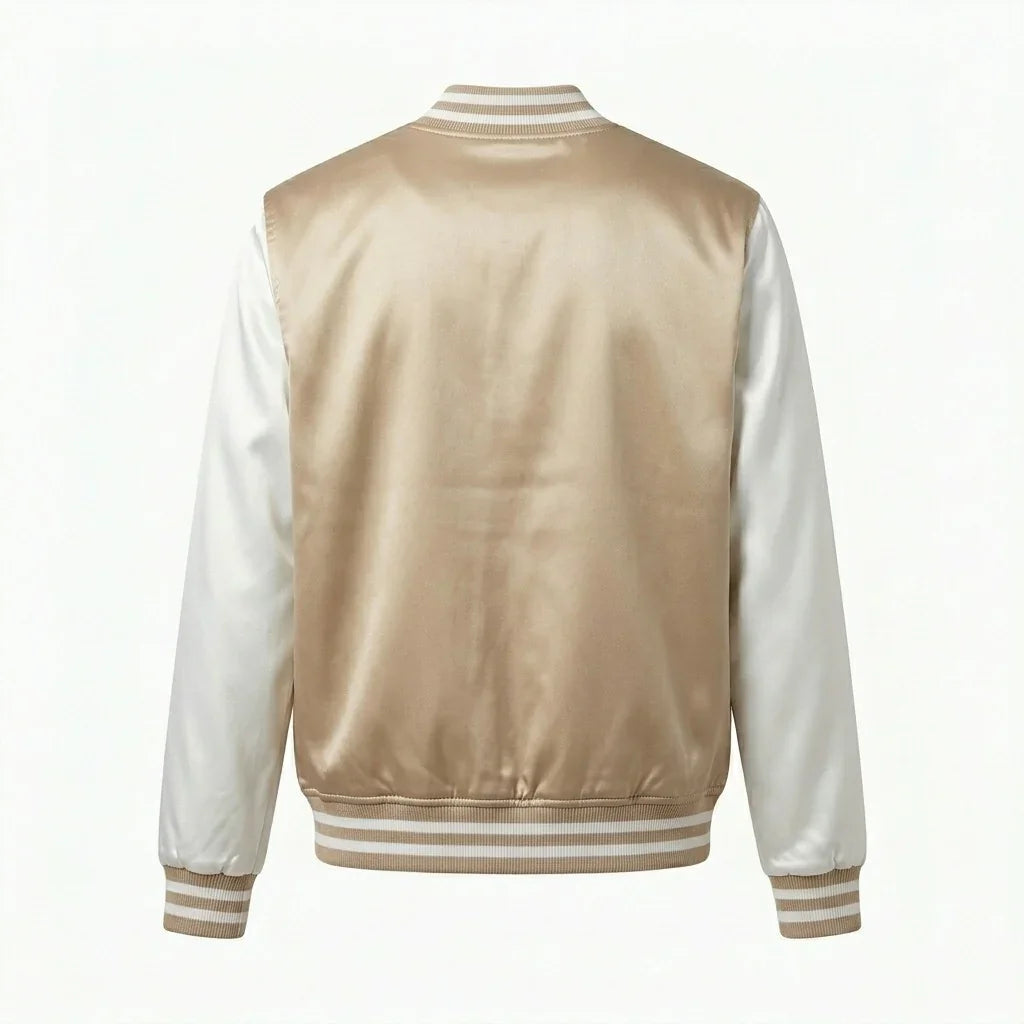 Skin Tone Body White Sleeve Satin Varsity Jacket by DesignMyVarsity