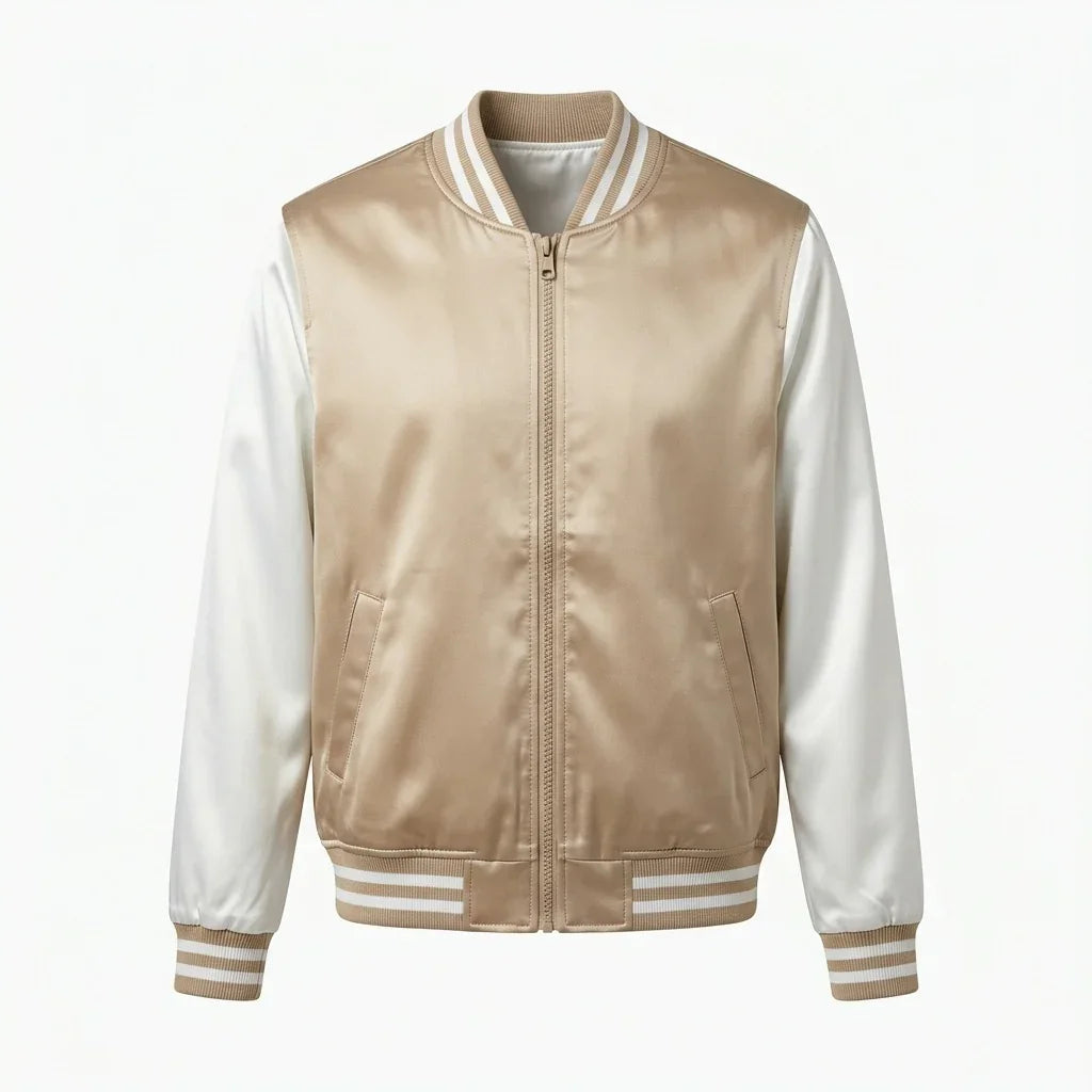 Skin Tone Body White Sleeve Satin Varsity Jacket by DesignMyVarsity