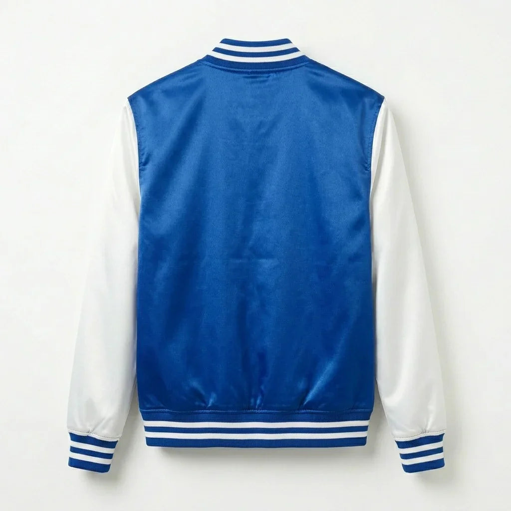 Royal Blue Body White Sleeve Satin Varsity Jacket by DesignMyVarsity