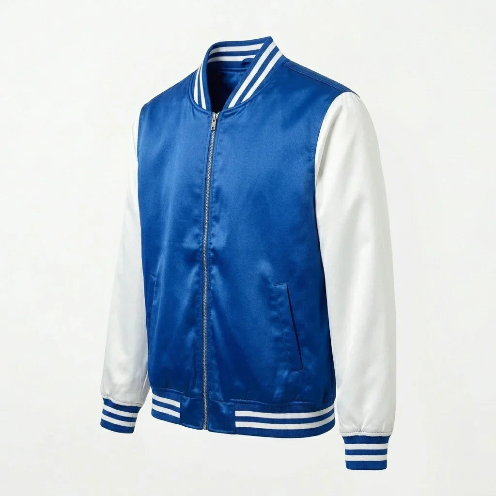 Royal Blue Body White Sleeve Satin Varsity Jacket by DesignMyVarsity