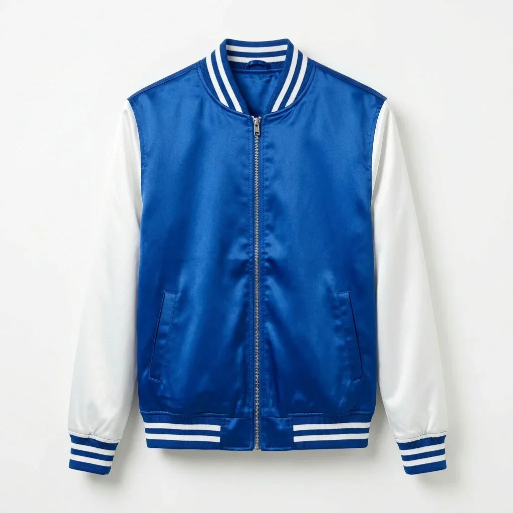 Royal Blue Body White Sleeve Satin Varsity Jacket by DesignMyVarsity