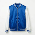 Royal Blue Body White Sleeve Satin Varsity Jacket by DesignMyVarsity