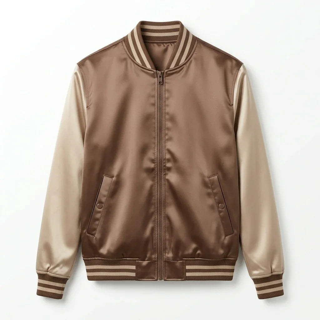 Skin Tone Body Cream Sleeve Satin Varsity Jacket by DesignMyVarsity