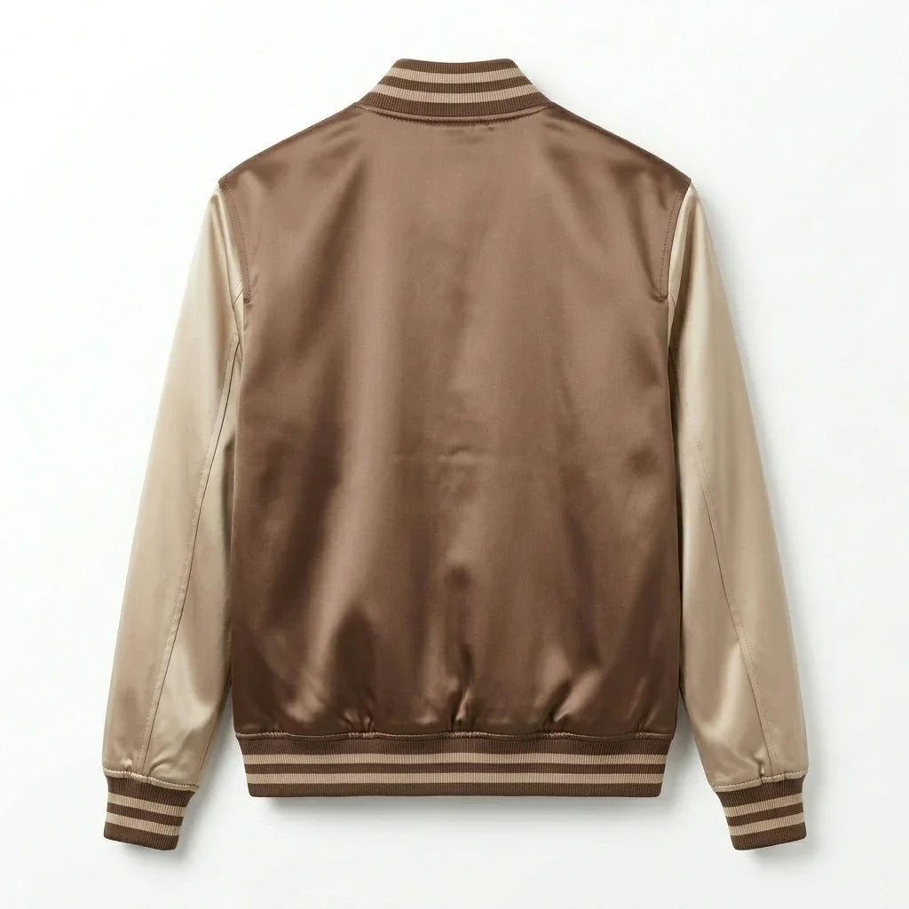 Skin Tone Body Cream Sleeve Satin Varsity Jacket by DesignMyVarsity