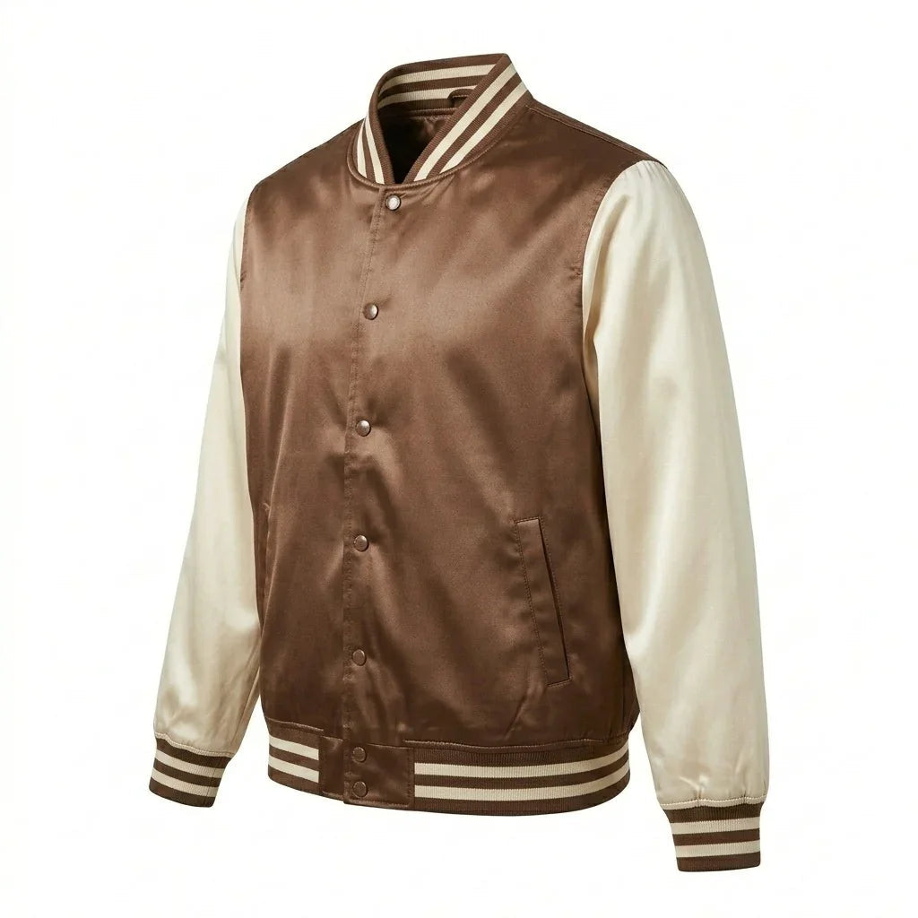Skin Tone Body Cream Sleeve Satin Varsity Jacket by DesignMyVarsity