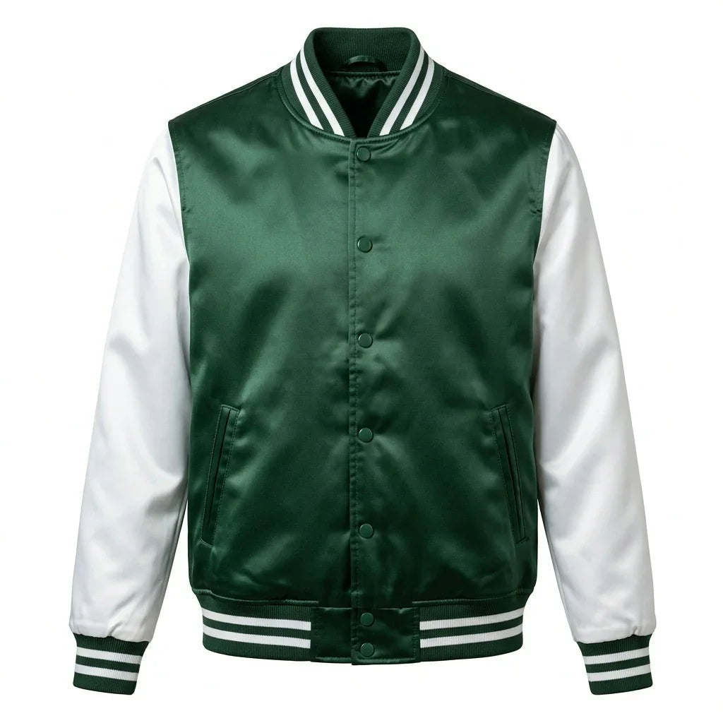 Green Body White Sleeve Satin Varsity Jacket by DesignMyVarsity