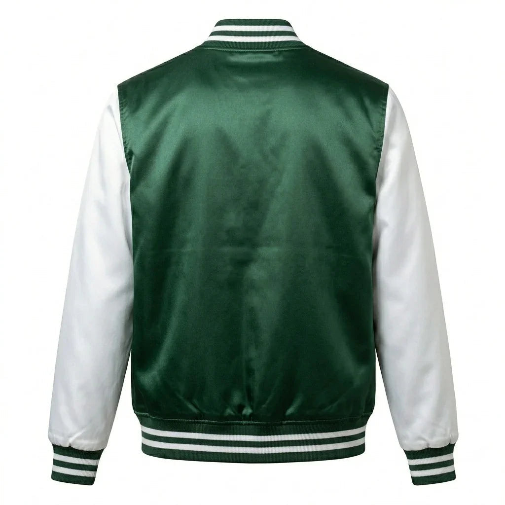 Green Body White Sleeve Satin Varsity Jacket by DesignMyVarsity
