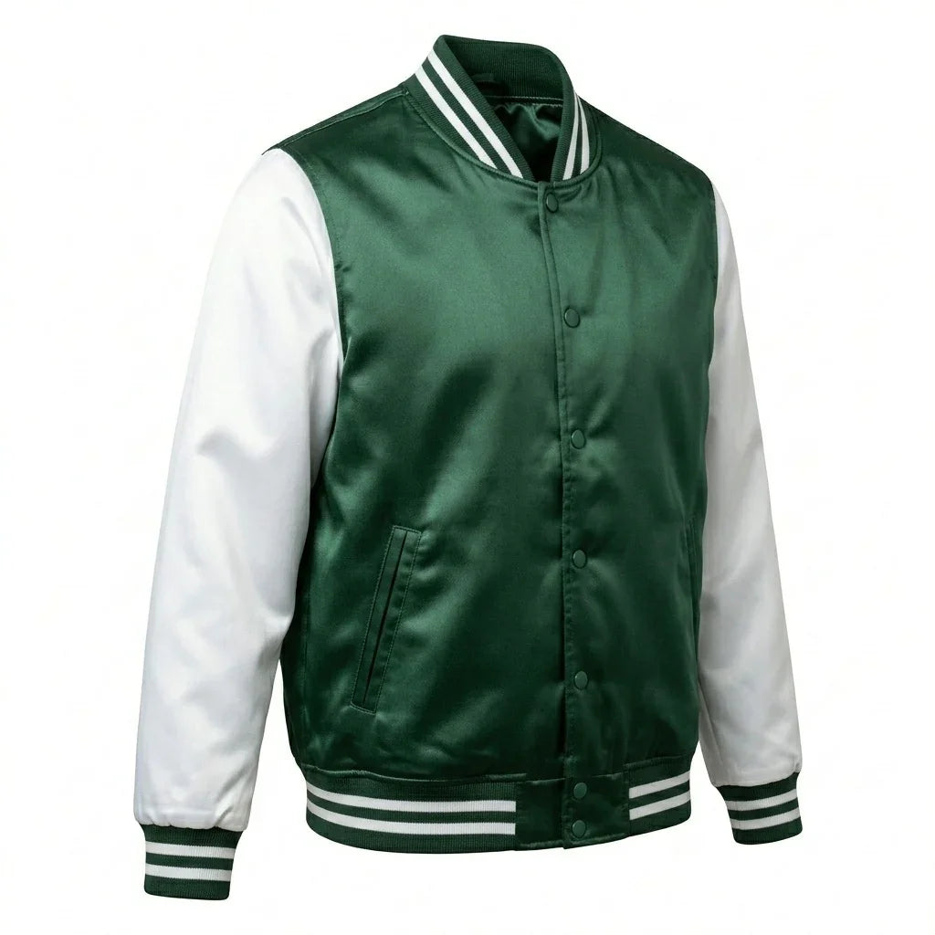 Green Body White Sleeve Satin Varsity Jacket by DesignMyVarsity