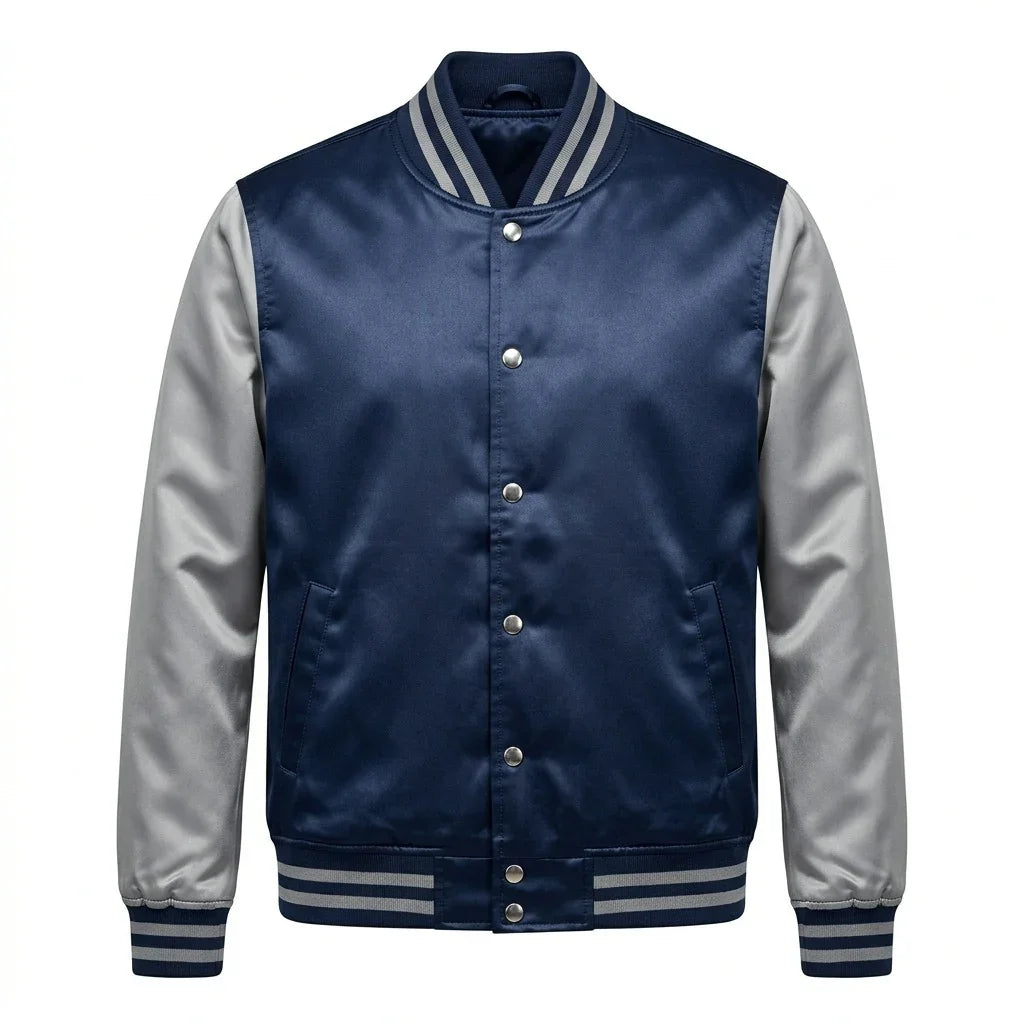 Navy Body Gray Sleeve Satin Varsity Jacket by DesignMyVarsity
