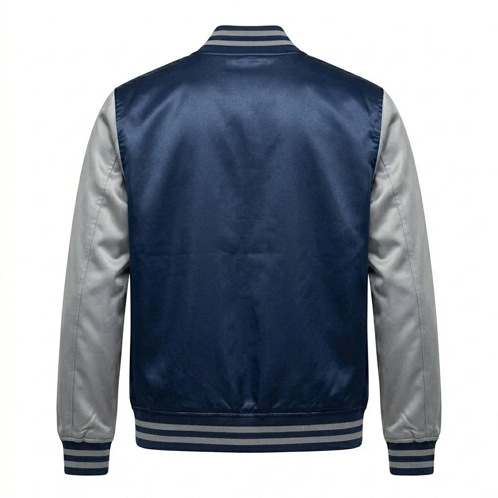 Navy Body Gray Sleeve Satin Varsity Jacket by DesignMyVarsity