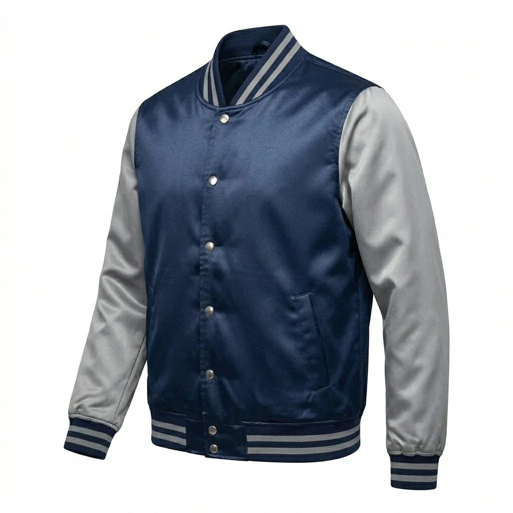 Navy Body Gray Sleeve Satin Varsity Jacket by DesignMyVarsity