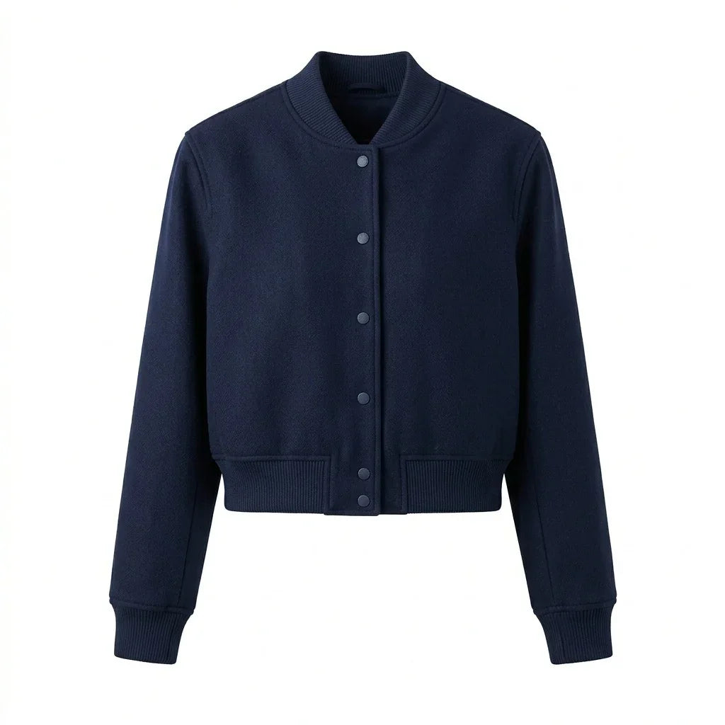 Navy Blue Wool Cropped Varsity Jacket by DesignMyVarsity
