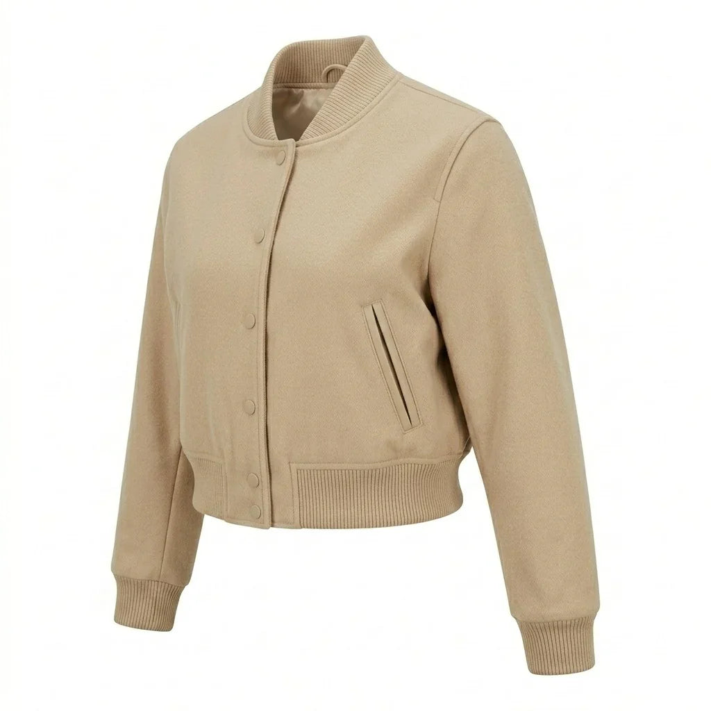 Beige Wool Cropped Varsity Jacket by DesignMyVarsity