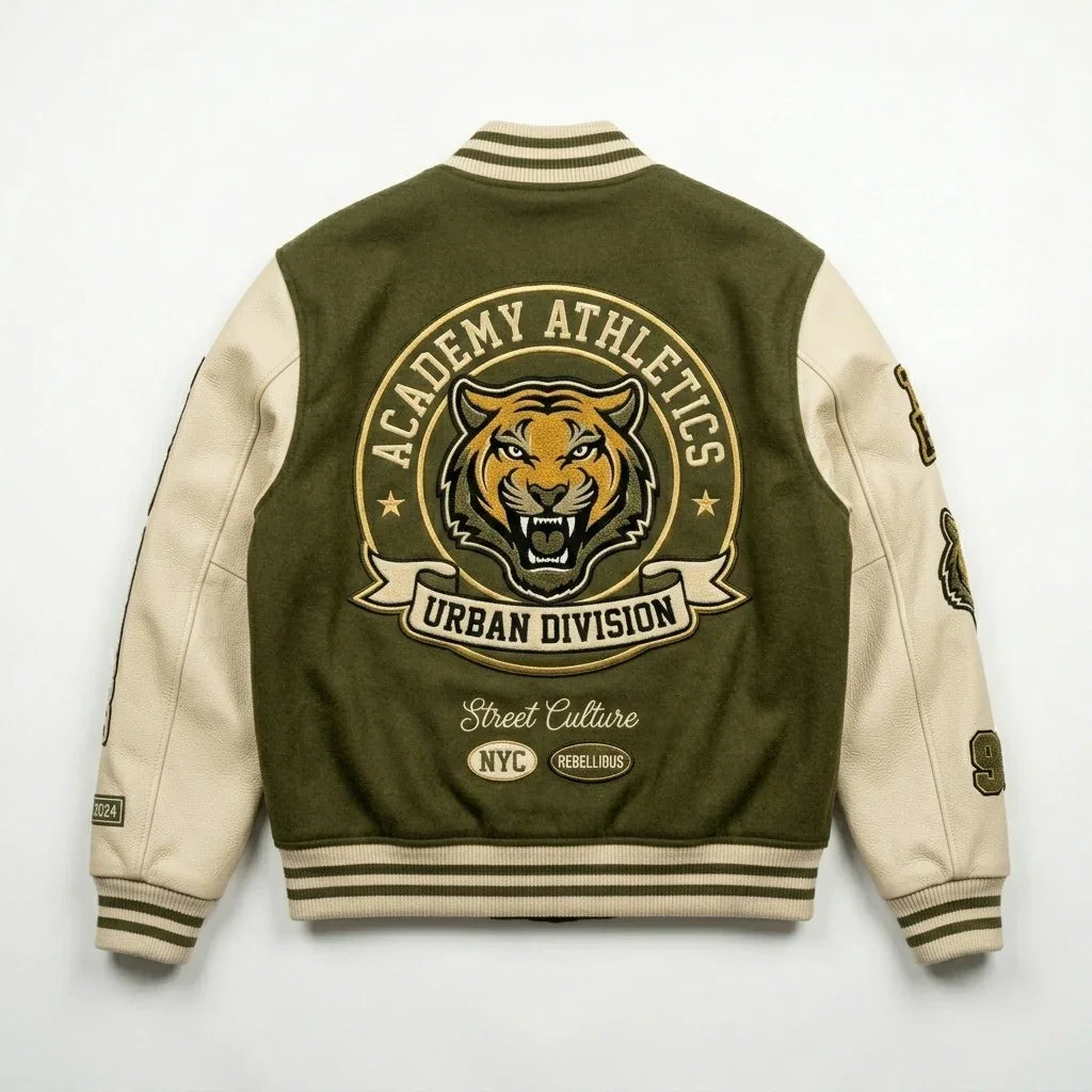 Olive Green Varsity Jacket by Design My Varsity – Academy Streetwear Oversized Jacket for Men & Women by DesignMyVarsity