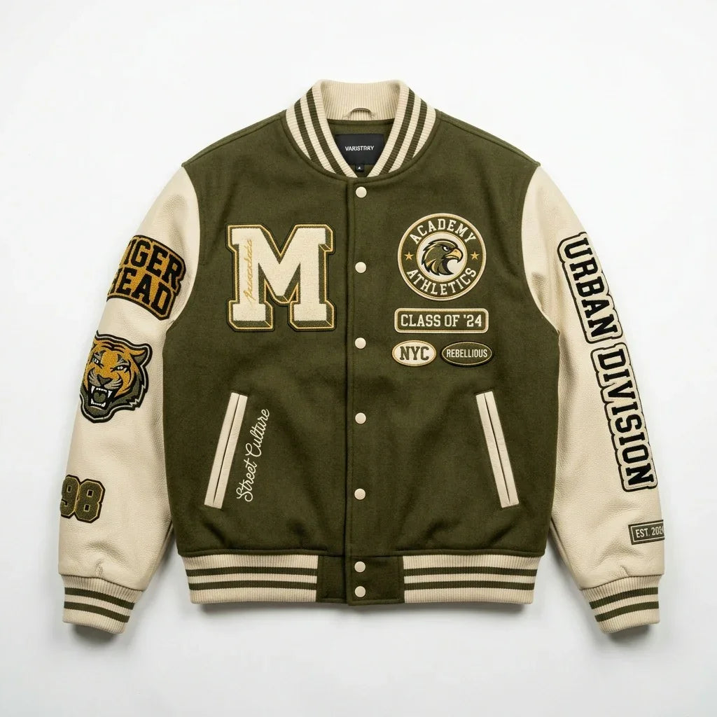 Olive Green Varsity Jacket by Design My Varsity – Academy Streetwear Oversized Jacket for Men & Women by DesignMyVarsity