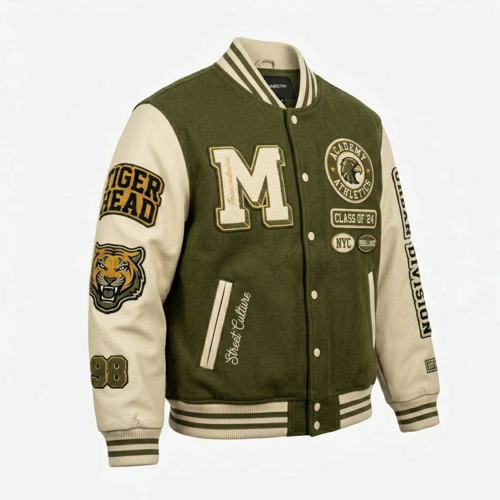 Olive Green Varsity Jacket by Design My Varsity – Academy Streetwear Oversized Jacket for Men & Women by DesignMyVarsity