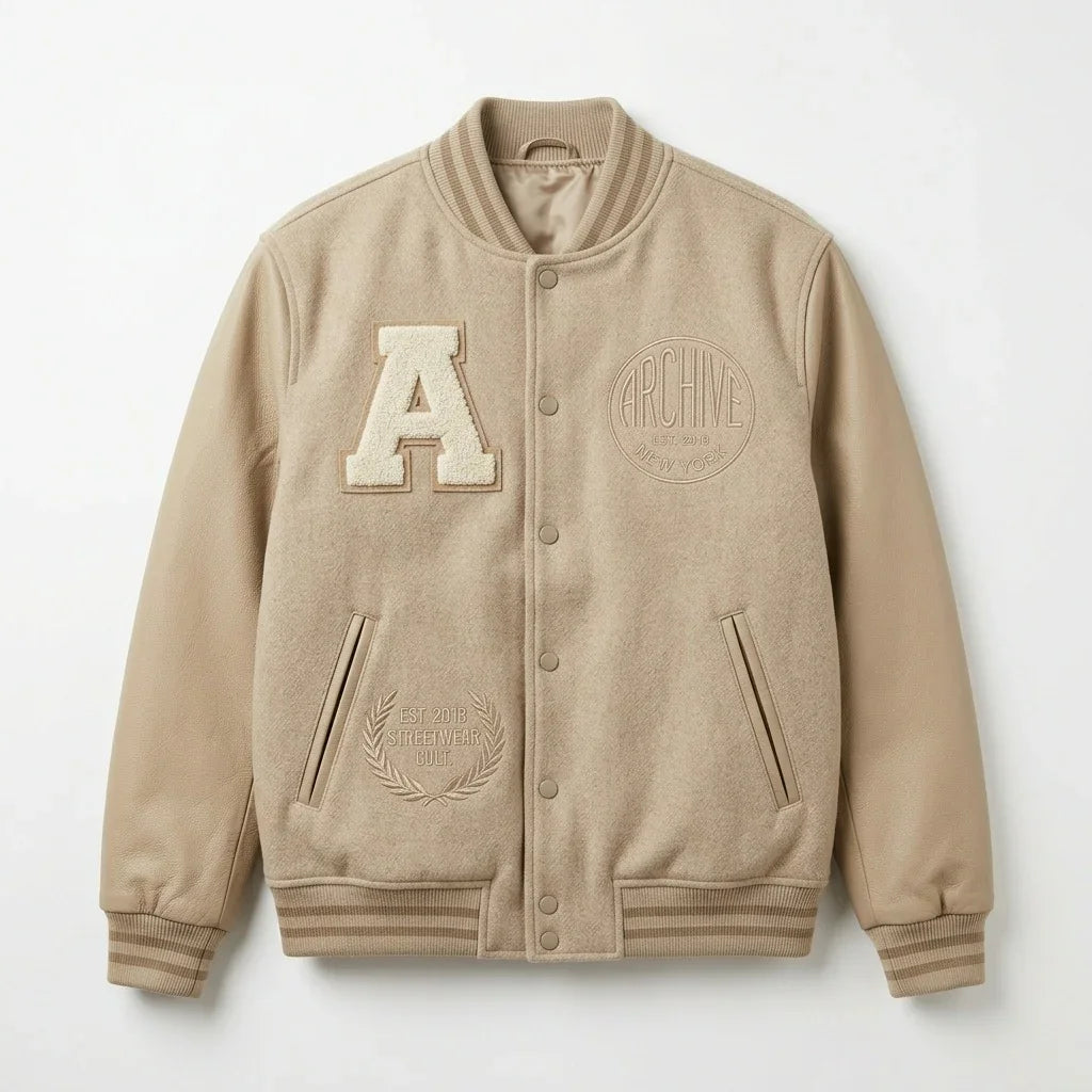 Beige Minimal Varsity Jacket by Design My Varsity – Premium Oversized Streetwear Jacket for Men & Women by DesignMyVarsi
