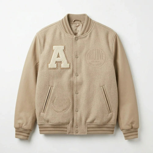 Beige Minimal Varsity Jacket by Design My Varsity – Premium Oversized Streetwear Jacket for Men & Women by DesignMyVarsi