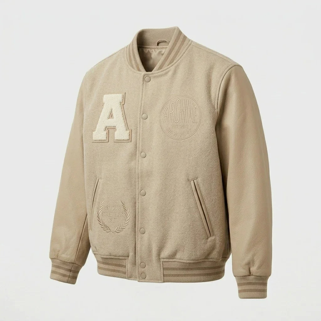 Beige Minimal Varsity Jacket by Design My Varsity – Premium Oversized Streetwear Jacket for Men & Women by DesignMyVarsi