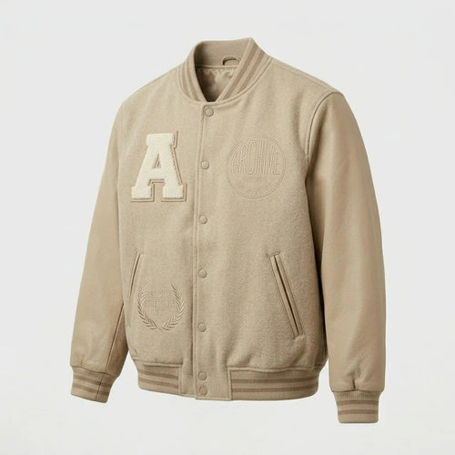 Beige Minimal Varsity Jacket by Design My Varsity – Premium Oversized Streetwear Jacket for Men & Women by DesignMyVarsi