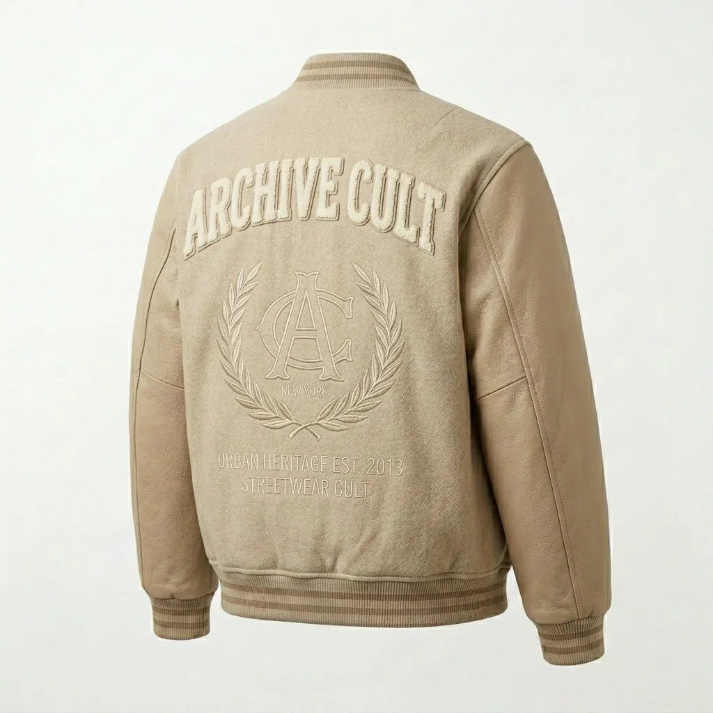 Beige Minimal Varsity Jacket by Design My Varsity – Premium Oversized Streetwear Jacket for Men & Women by DesignMyVarsi