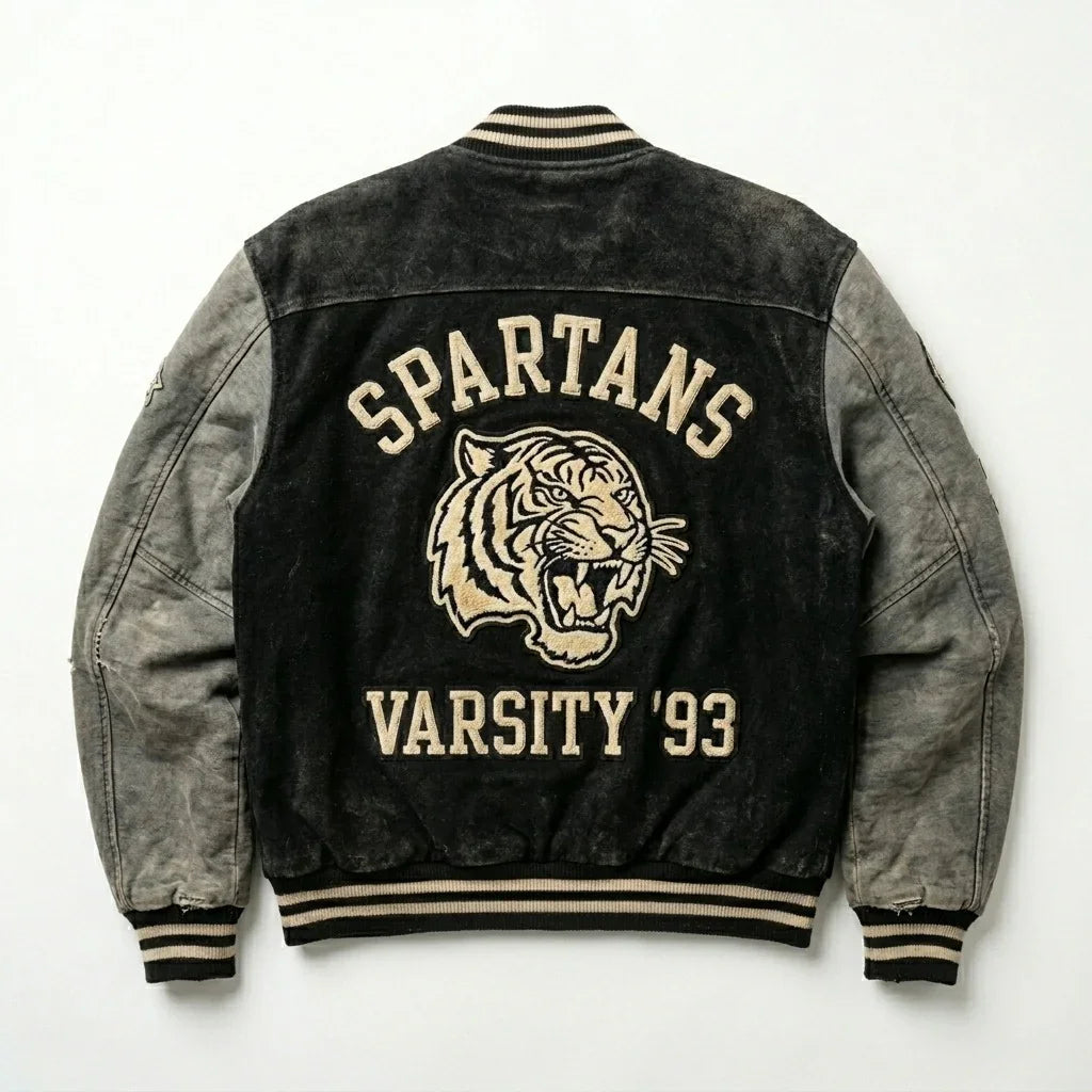 Vintage Black & Grey Varsity Jacket by Design My Varsity – Distressed Spartans Streetwear Jacket by DesignMyVarsity
