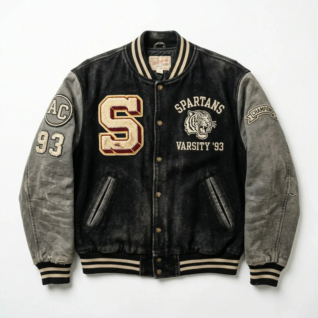 Vintage Black & Grey Varsity Jacket by Design My Varsity – Distressed Spartans Streetwear Jacket by DesignMyVarsity