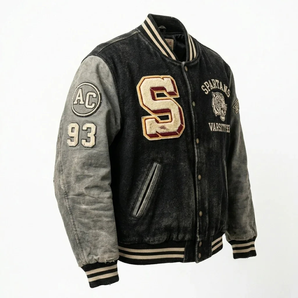 Vintage Black & Grey Varsity Jacket by Design My Varsity – Distressed Spartans Streetwear Jacket by DesignMyVarsity