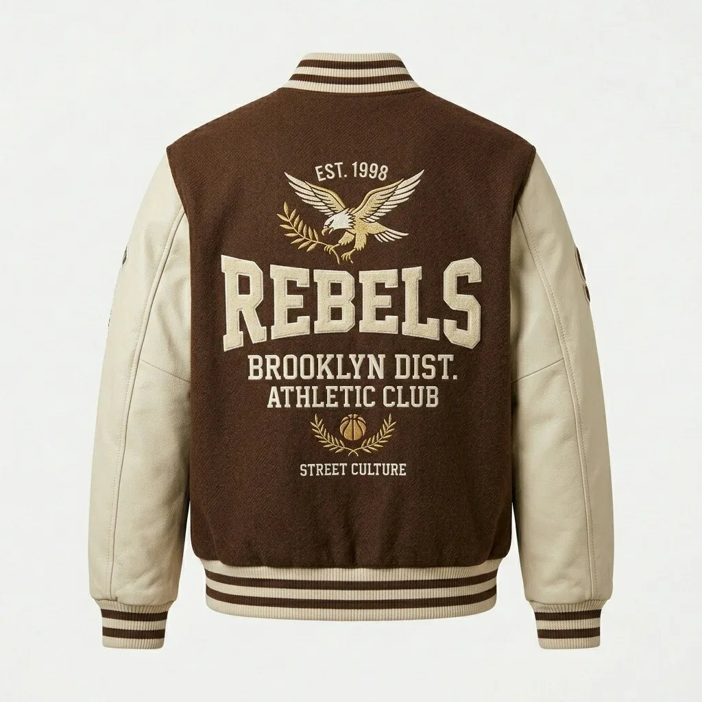 Brown & Cream Rebels Varsity Jacket by Design My Varsity – Vintage College Streetwear Jacket by DesignMyVarsity