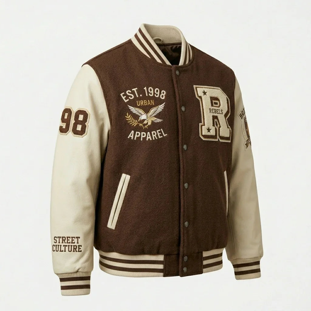 Brown & Cream Rebels Varsity Jacket by Design My Varsity – Vintage College Streetwear Jacket by DesignMyVarsity