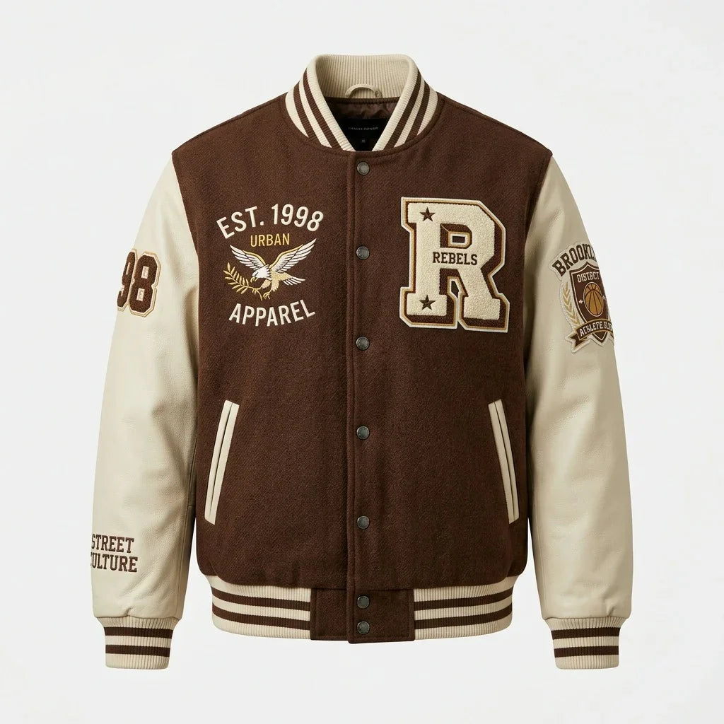 Brown & Cream Rebels Varsity Jacket by Design My Varsity – Vintage College Streetwear Jacket by DesignMyVarsity