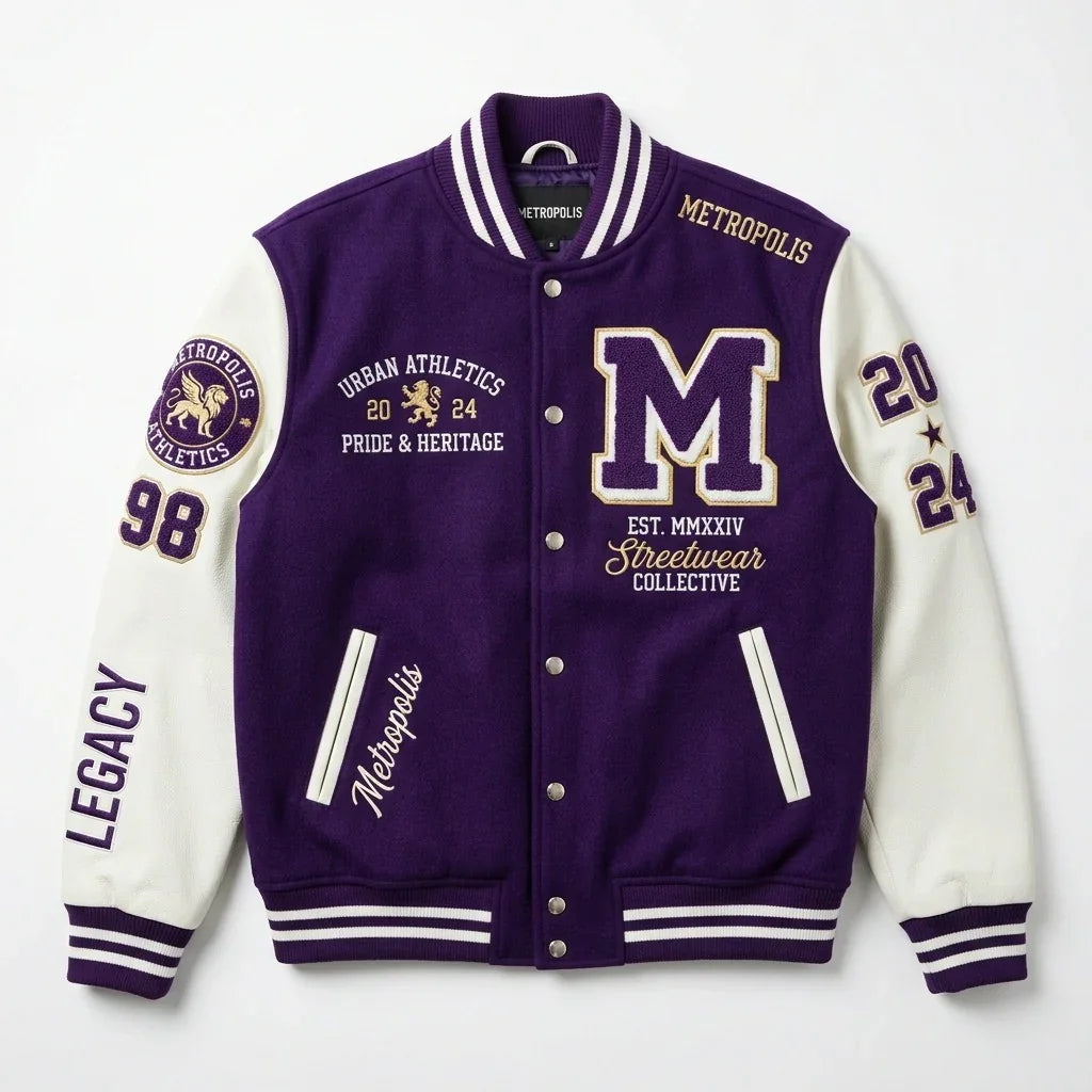 Purple & White Metropolis Varsity Jacket by Design My Varsity – Urban Athletics Oversized Streetwear Jacket by DesignMyV