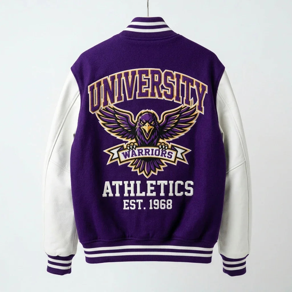 Purple & White Metropolis Varsity Jacket by Design My Varsity – Urban Athletics Oversized Streetwear Jacket by DesignMyV